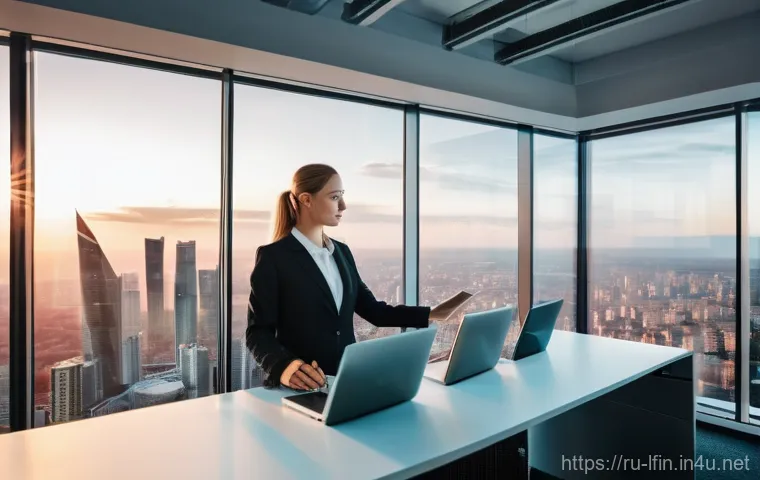 지방재정분야 이직 성공 비결 - **Prompt:** A dynamic, wide-angle shot of a bright, modern open-plan office in a high-rise building,...