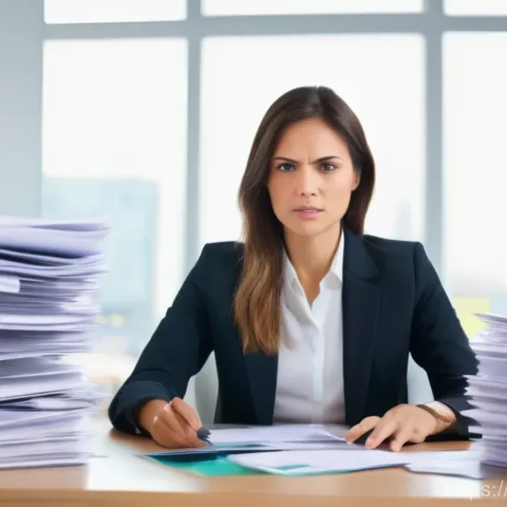 지방재정전문가 업무 스트레스 관리 - A professional female financial specialist, late 30s, initially appears overwhelmed, surrounded by d...