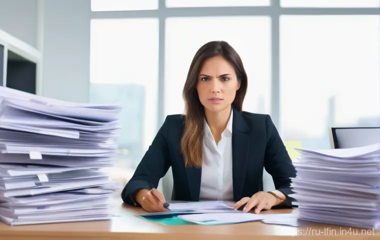 지방재정전문가 업무 스트레스 관리 - A professional female financial specialist, late 30s, initially appears overwhelmed, surrounded by d...