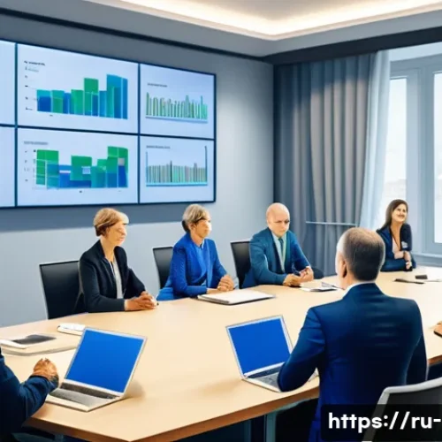 지방재정 실무에서의 협력 사례 - A detailed illustration of a modern intermunicipal financial collaboration meeting in a Russian city...