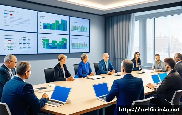 지방재정 실무에서의 협력 사례 - A detailed illustration of a modern intermunicipal financial collaboration meeting in a Russian city...