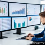 지방재정 전문가로서의 성공 스토리 - A detailed office scene showing a Russian municipal finance professional analyzing a large digital d...