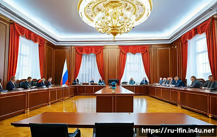 지방재정전문가로서 현장에서 얻은 교훈 - A modern municipal budget planning meeting in a Russian city hall, diverse group of local officials ...
