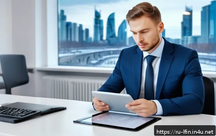 지방재정전문가를 위한 자기관리 비법 - A modern Russian municipal office setting showing a focused professional in business attire prioriti...
