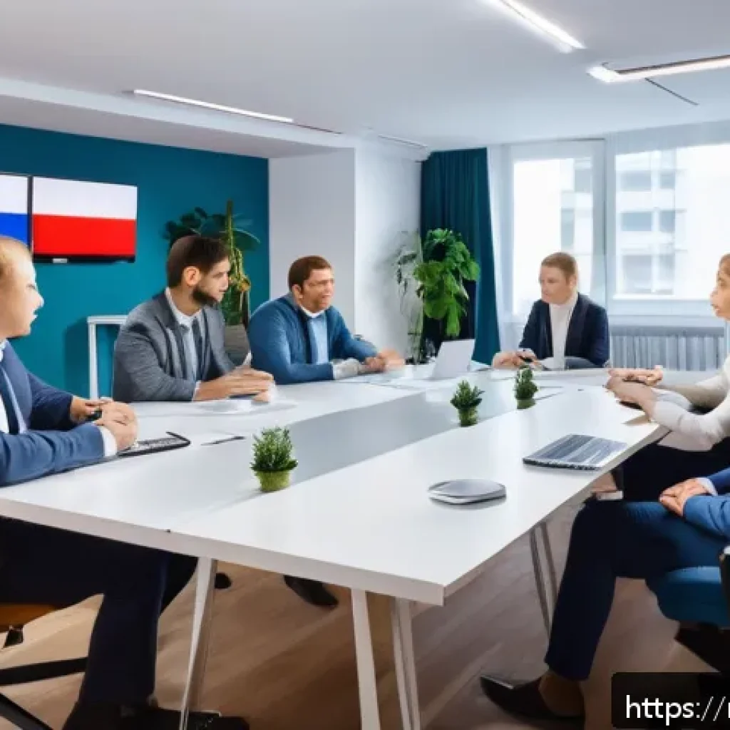 지방재정 업무에서의 팀워크 관리 - A modern office setting with a diverse team of Russian professionals engaged in an open communicatio...