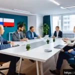 지방재정 업무에서의 팀워크 관리 - A modern office setting with a diverse team of Russian professionals engaged in an open communicatio...