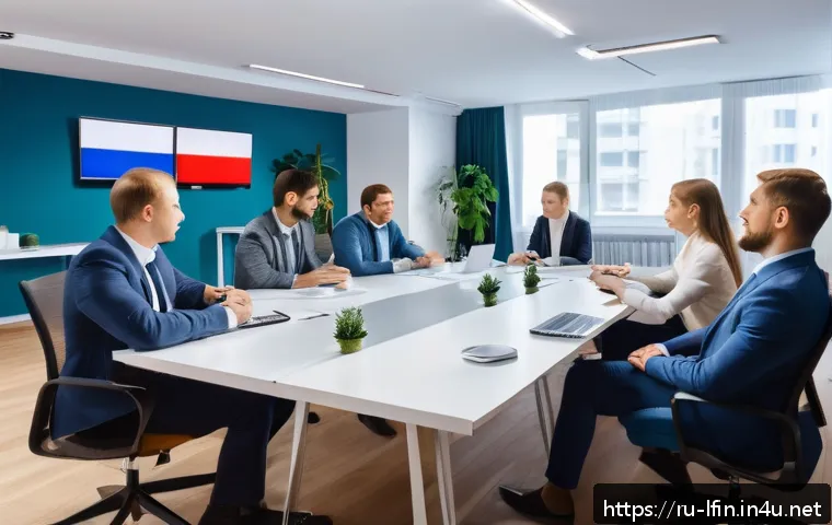 지방재정 업무에서의 팀워크 관리 - A modern office setting with a diverse team of Russian professionals engaged in an open communicatio...