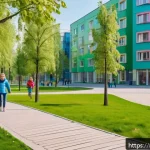 지방재정 정책 분석 사례 - A vibrant scene showing a modern Russian regional city park during daytime, featuring well-maintaine...