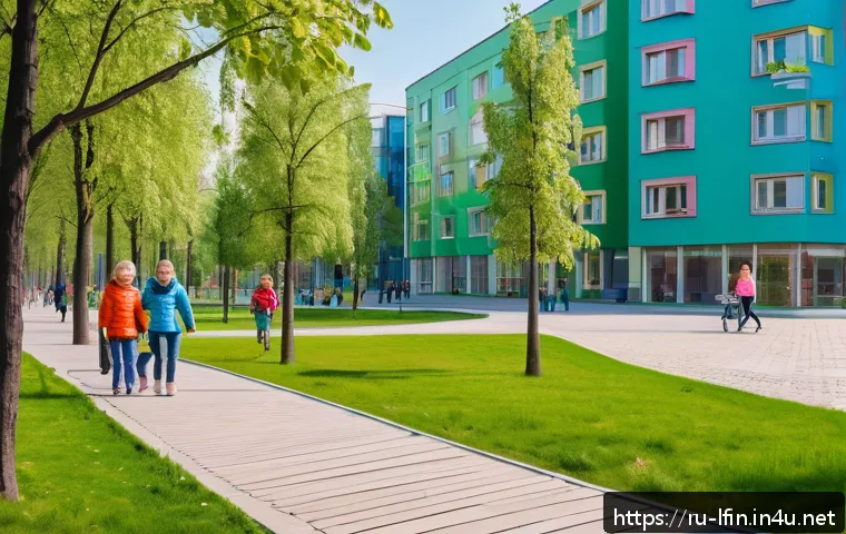 지방재정 정책 분석 사례 - A vibrant scene showing a modern Russian regional city park during daytime, featuring well-maintaine...